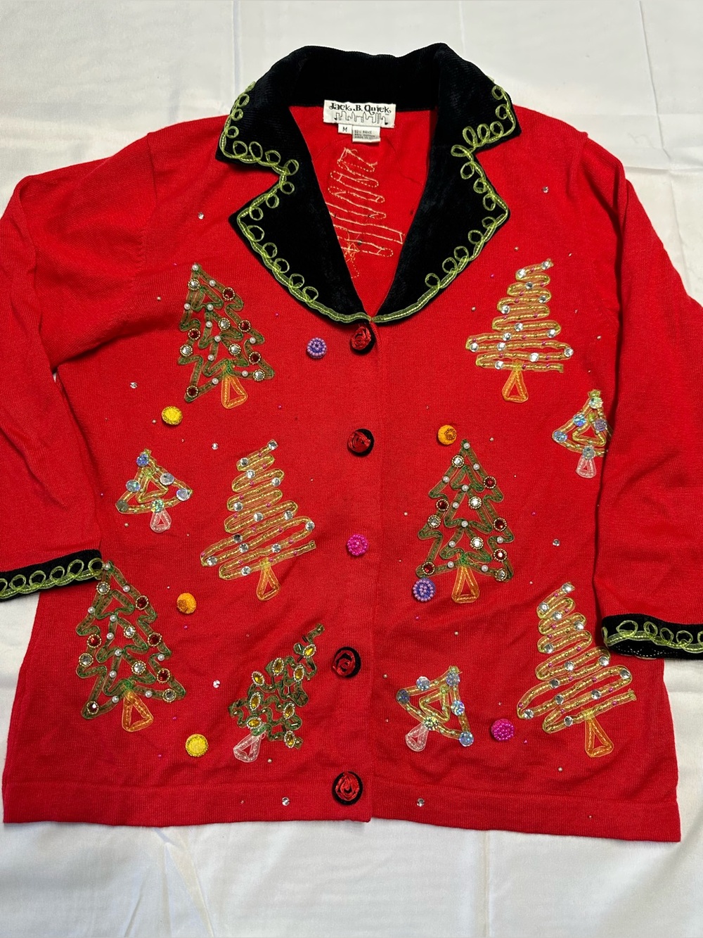 Jack B Quick Vintage Christmas Cardigan Women’s M Red Embellished Tree Sweater
